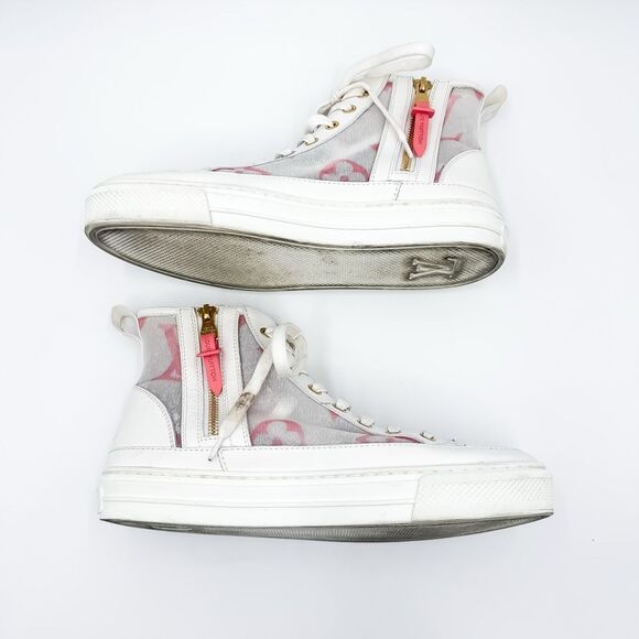 Louis Vuitton Stellar Sneaker Boot 37, 7 White Pink Monogram Mesh High Top - Picture 6 of 13